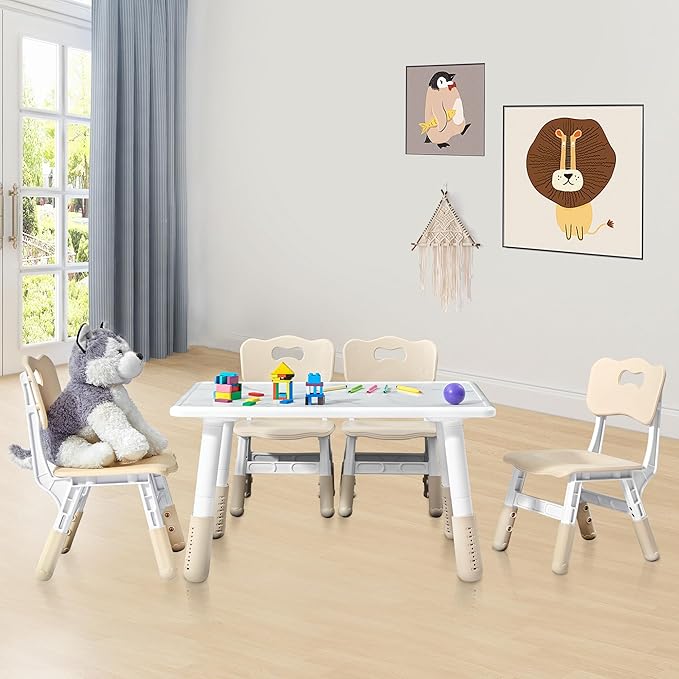 Adjustable Kids Table Chairs Set – Graffiti Desktop, Multi-Activity Height-Adjustable Toddler Study Desk for Ages 3-8 – Ideal for Home, Classroom, Daycare (B-Brown, 4 Chairs-31.5" L x 23.6" W)
