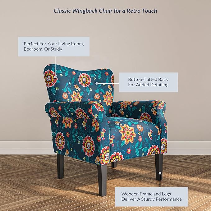 BELLEZE Modern Accent Chair for Living Room, High Back Linen Armchair with Wooden Legs, Upholstered Wingback Side Chair Padded Armrest Single Sofa for Living Room, Bedroom - Allston (Blue & Flower)