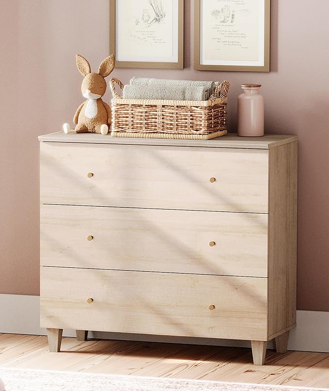 WAMPAT 3-Drawer Kids Dresser for Bedroom, Modern Small Chest of Drawers with Gold Knobs, 35 Inch Wide Light Oak Wood Children Dresser for Baby Room, Nursery, Living Room