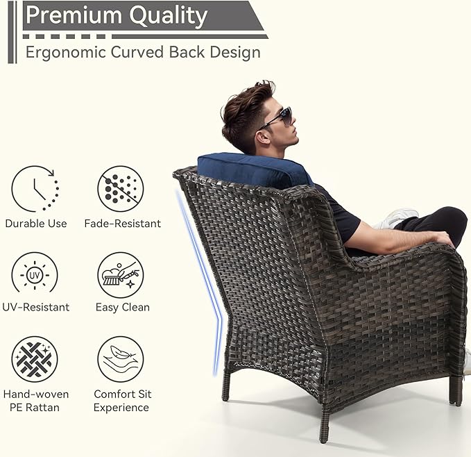 7 Pieces Outdoor Patio Conversation Set, Wicker Furniture Set Includes 3-Seat Sofa, Patio Rattan Dining Chair Set of 4, 2 Ottomans, for Porch, Yard, Mixed Brown Rattan, Blue