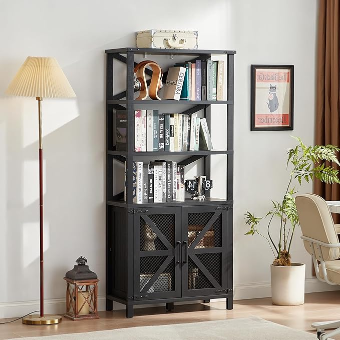 5 Tier Bookshelf 70" Tall Bookcase with Barn Doors,Large Farmhouse Display Book Shelf with Adjustable Shelves and Storage Cabinet,Library Wood Bookshelves for Living Room,Kitchen,Black(3PCS)