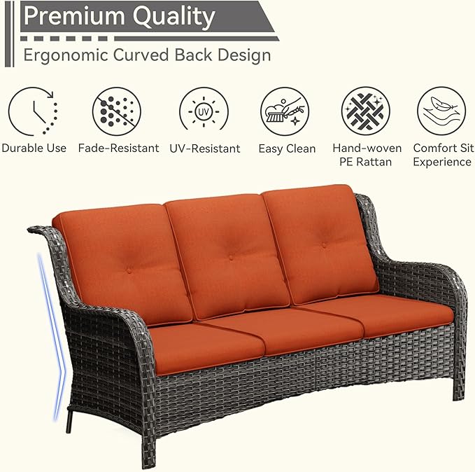 Wicker Patio Furniture Set 6 Piece, Outdoor Furniture Patio Conversation Set Includes 1 Three-Seat Sofa, 2 Swivel Rocker Chairs, 2 Ottomans and 1 Side Table,Orange