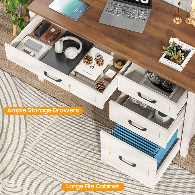 Vabches Farmhouse 47" Executive Desk with 4 Drawers, Computer Desk with File Drawer and Charging Station, Workstation for Home Office, Study.(Unique White)
