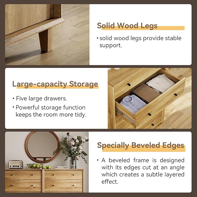 5 Drawer Dresser for Bedroom, Tall Modern Chest of Drawers, Beveled Profile Design, Wood Drawer Organizer for Bedroom, Living Room, Hallway and Entryway,Oak