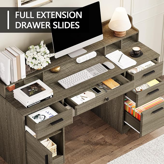 58 Inch Executive Desk with File Drawers, Computer Desk with Storage, Rustic Desk with Adjustable Shelves, Office Desk with Hutch for Bedroom, Grey