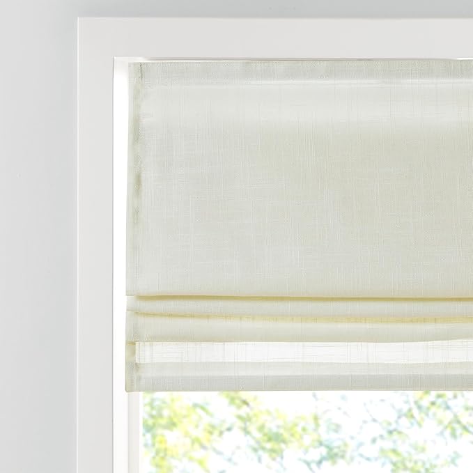 Madison Park Kyler Cordless Roman Shades - Single Panel, Lightweight Linen Blend Fabric, Natural Design, Easy Installation, Light Filtering Window Blind, Bedroom, Living Room Decor 35"W x 64"H Ivory