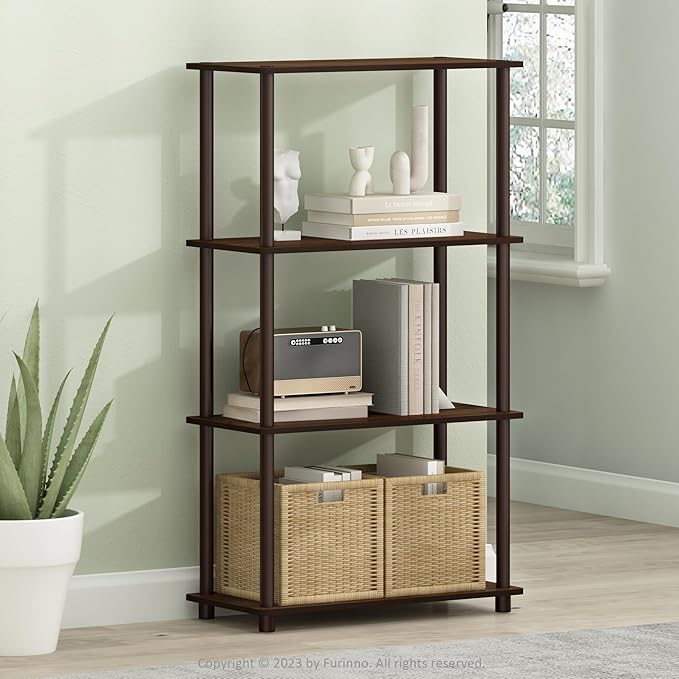Furinno Turn-N-Tube 4-Tier Multipurpose Shelf Display Rack, Round Tubes, Walnut/Brown