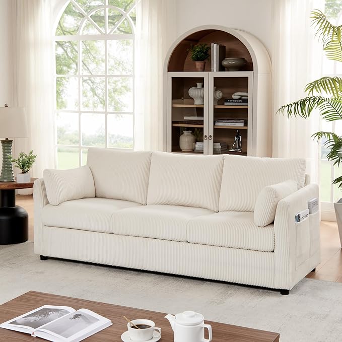 Sofa Set for Living Room Corduroy Couch Sets 3 Seater and Single Chair, Sofas for Apartment and Small Spaces (Beige, Sofa Set)