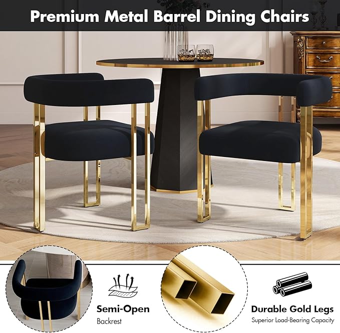 Black and Gold Modern Dining Chairs Set of 2, Velvet Upholstered Barrel Armchairs with Metal Legs for Kitchen Island, Mid Century Accent Chairs for Dining Room Living Room, Open-Back