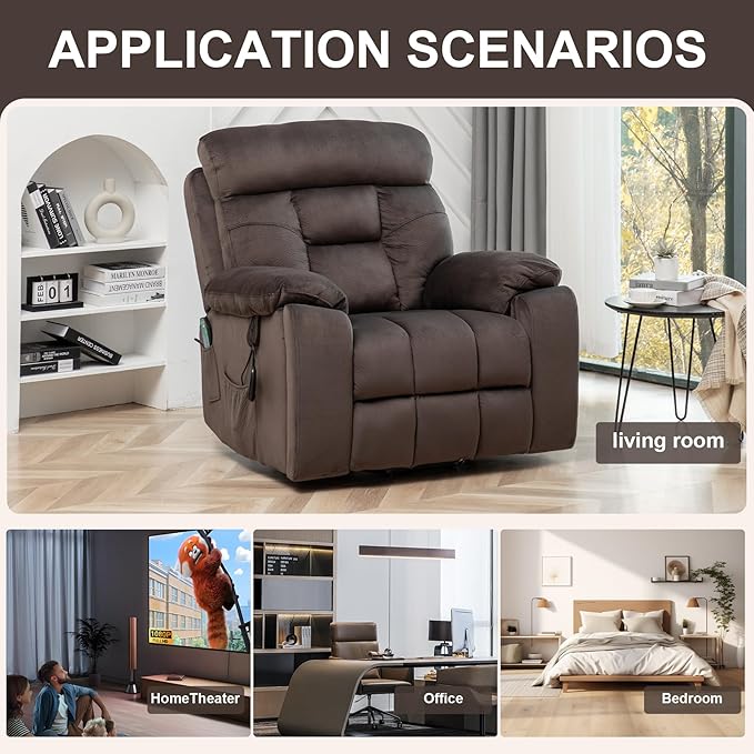 Oversized Lift Recliner Chairs for Elderly, 26in Extra Wide Power Chair with Massaga and Heating, Large Electric Lay Flat Recliners Sofa for Big and Tall Adult Lounging, Velvet Dark Brown
