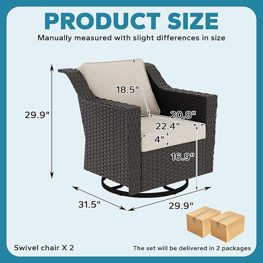 Patio 2 Pieces Wicker Swivel Chairs Set of 2,Outdoor PE Rattan Rocking Glider Armchairs, Water-Resistant Cushions with Removable and Washable Covers, Porch, Balcony, Sunroom (Beige)