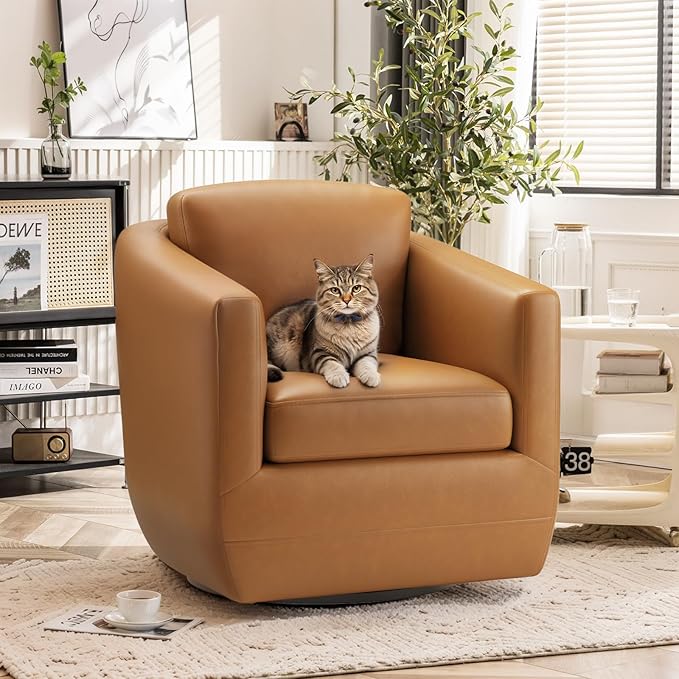 COLAMY 360° Swivel Accent Chair with Pillow, Leather Living Room Armchair No-Sag Foam & Sturdy Metal Base, Fully Assembled Swivel Accent Single Sofa for Bedroom Living Room, Reading Room, Brown