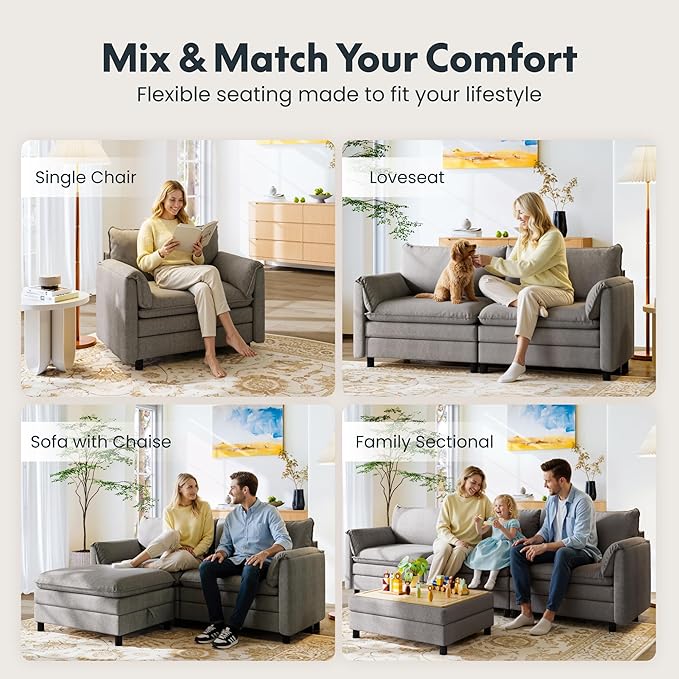 FLEXISPOT SF6 Cloud Sectional Couch for Living Room with Reversible Ottoman, 100.4" L-Shaped Modular Sectional Sofa with Storage, 3-Seater Comfy Sofa Couch for Apartment, Chenille Gray
