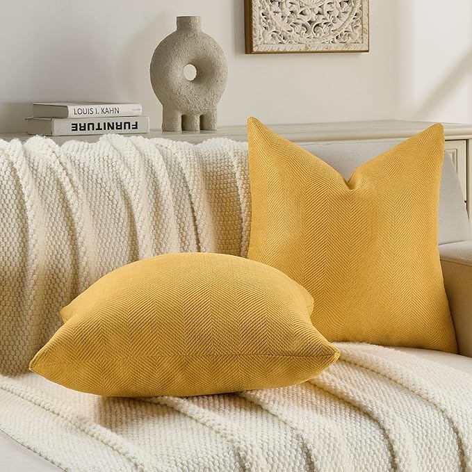 FUTEI Mustard Yellow Chenille Throw Pillow Covers 18x18 Inch Set of 2,Soft Wide Chevron Textured Cushion Case,Farmhouse Home Decor for Couch Bed Living Room