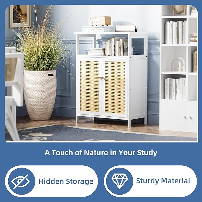 HITNET Bamboo Cabinet, Rattan Storage Cabinet with Doors, Freestanding Floor Cupboard for Bathroom, Living Room, Hallway, White