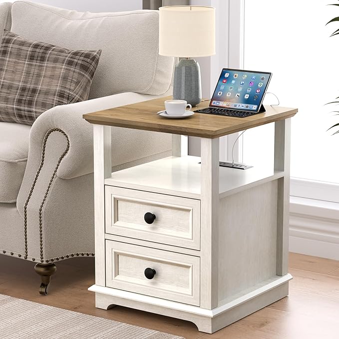 End Table with Fast USB C Charging Station, 18" Wide Tall Sofa Side Table with 2 Drawers, Large Storage Rustic Wood Square Storage Cabinet for Living Room,Bedroom,Office, White