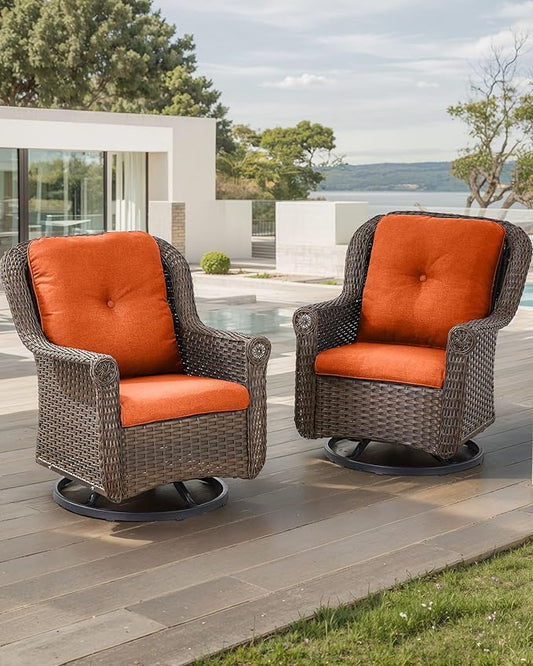 Patio Chairs Outdoor Swivel Glider - Set of 2 High Back Outside Brown Wicker Rattan Rocking Chair with Zippered Cushion for Porch Apartment Deck Yard Poolside Garden - Orange