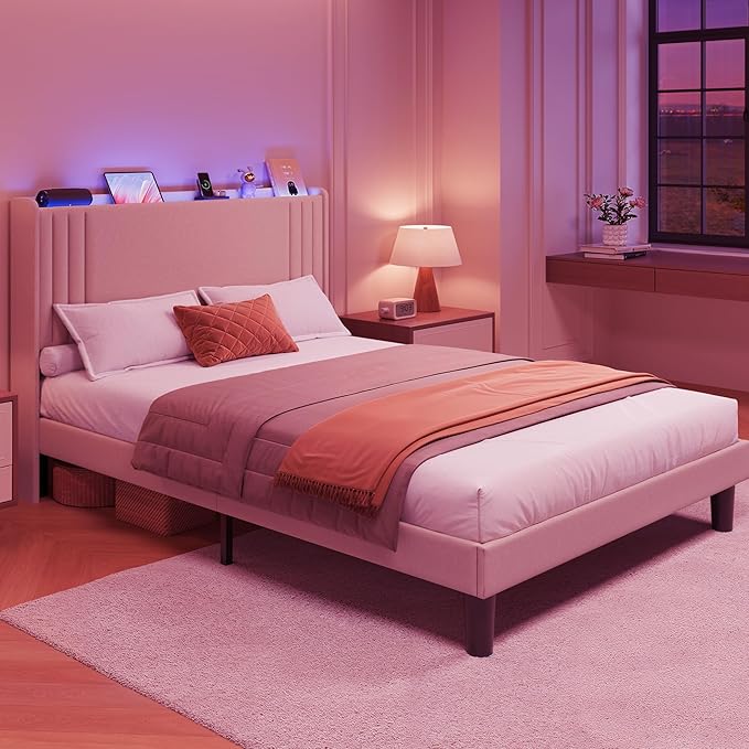 Gizoon Full Bed Frame with Charging Station and LED Lights,Upholstered Wingback Platform Bed with Wooden Slats,Noise-Free,No Box Spring Needed