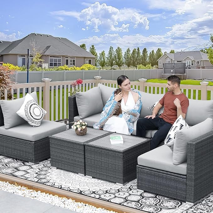 NICESOUL 7 Pieces Comfy 29.3'' High Back Outdoor Furniture Sofa Set, Extra Large Size Grey PE Wicker Patio Modular Sectional with Side Tables, All-Weather Rattan Conversations for Backyard Deck,Gray