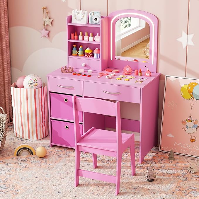 Costzon Kids Vanity with Lights, Princess Makeup Dressing Desk with Mirror and Stool, Storage Drawers, Shelves, Kids Vanity Table and Chair Set for Little Girls (Pink)