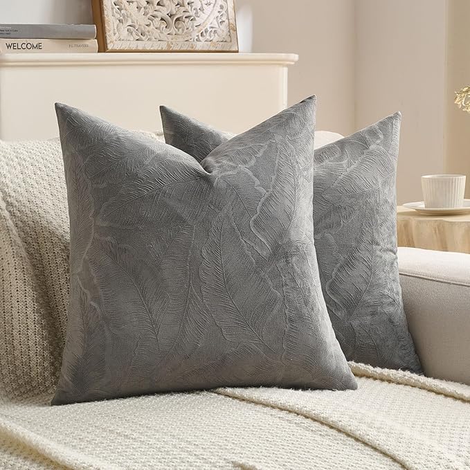 FUTEI Dark Grey Velvet Throw Pillow Covers 18x18 Inch Set of 2,Soft Embossed Leaf-Relief Textured Cushion Cases,Natural Home Decor for Couch Living Room