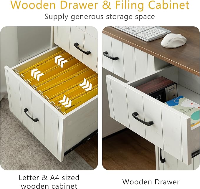 55" Executive Desk, Modern Wood Office Table with Charging Station, 5 File Drawer & 1 Storage Cabinet, Home Computer Writing Desk for Work Study, Living Room, Bedroom (White)