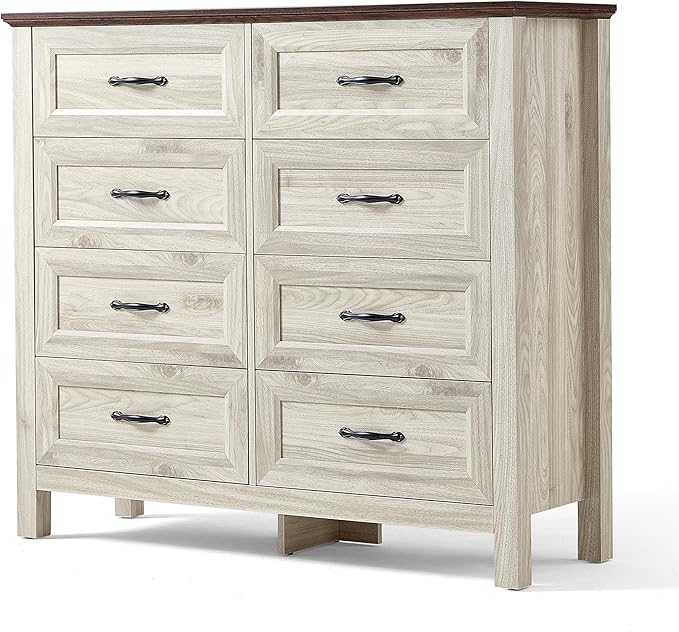 LINSY HOME Dresser for Bedroom with 8 Drawers, Updated Wide Chest of Drawers, Modern Farmhouse Bedroom Tall Dresser with Storage Organizer, Wooden Dressers for Living Room, Beige