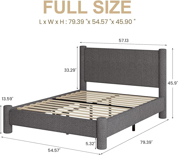 Full Size Bed Frame, Boucle Upholstered Platform Bed with Headboard and Footboard, Soft Rounded Corners, No Box Spring Required, Easy Assembly, Dark Grey