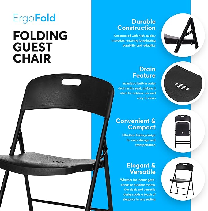 Oline Folding Chair, Indoor Outdoor Plastic Commercial Stackable Foldable Guest Chairs for Events Office Wedding Party Picnic Kitchen Dining, 350lb Capacity (Black, 4 Pack)