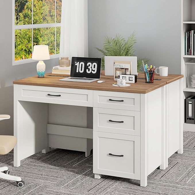 Vabches Farmhouse 47" Executive Desk, Computer Desk with File Drawer and Charging Station, Workstation for Home Office & Study(Off White