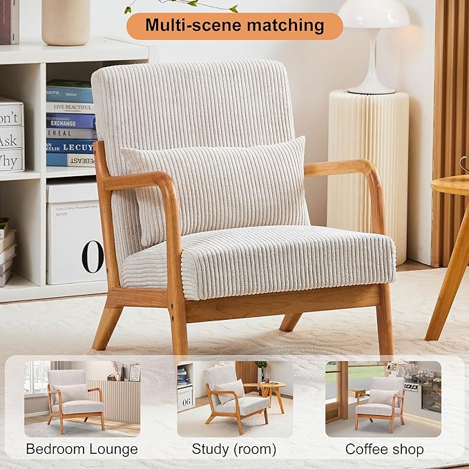 Accent Chairs, Mid-Century Modern Chair with Pillow, Armchair with Solid Wood, Reading Relaxing Leisure Chair for Living Room(Beige)