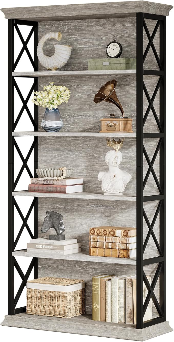 Tribesigns 71-Inch Tall Bookcase, 5-Tier Industrial Metal Bookshelf, Large Etagere Bookcases and Bookshelves, Freestanding Display Shelves for Living Room, Bedroom, Gray and Black