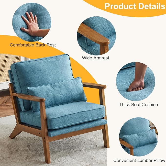 Karl home Accent Chair Wide Armrest Mid-Century Lounge Chair Linen Fabric Armchair with Lumbar Pillow & Solid Wood Frame for Living Room, Bedroom, Balcony, Cyan-Blue