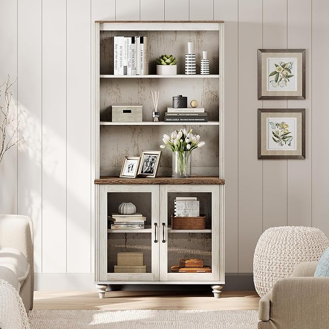 WAMPAT 5 Tier Bookshelf 72" Tall Bookcase with Glass Doors,Large Farmhouse Display Book Shelf with Adjustable Shelves and Storage Cabinet,Library Wood Bookshelves for Living Room,Kitchen, Rustic White