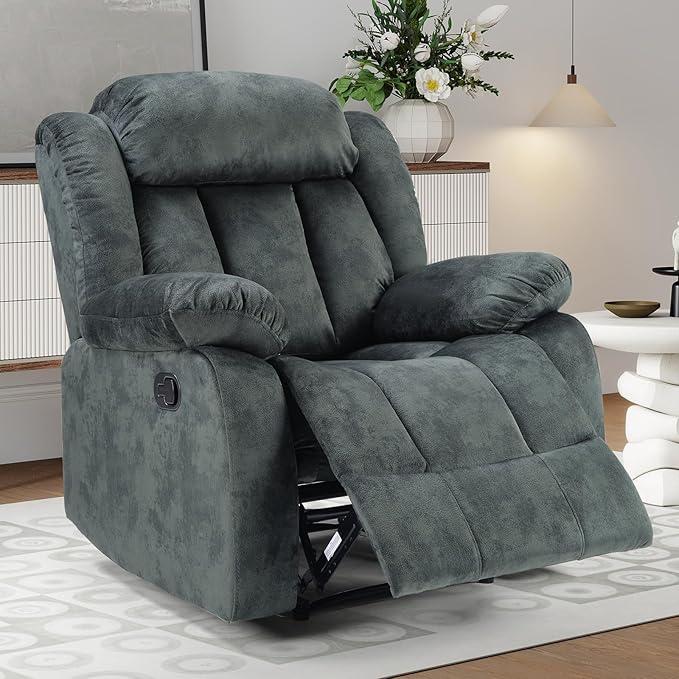 INZOY Manual Recliner Chair with Padded Armrest, Wall-Hugger Single Sofa Recliners with Overstuffed Back, Classical Fabric Reclining Chairs for Living Room Theater Seating, Grey