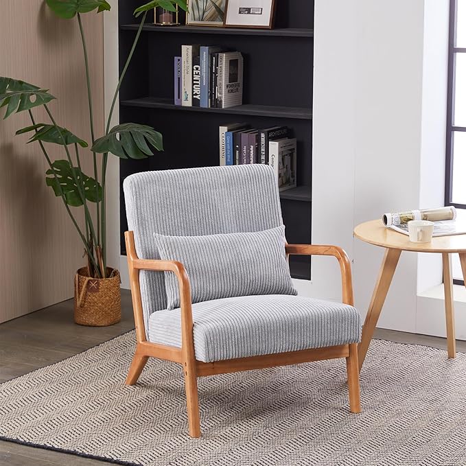 Accent Chairs, Mid-Century Modern Chair with Pillow, Armchair with Solid Wood, Reading Relaxing Leisure Chair for Living Room(Light Grey)