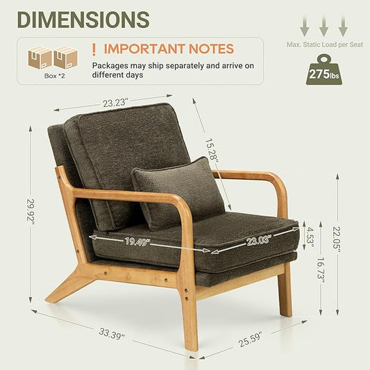 COLAMY Mid Century Modern Accent Chair Set of 2 with Lumbar Pillow, Relaxing Armchair with Solid Wood Frame & Soft Cushion, Reading Leisure Chair for Living Room(Green)