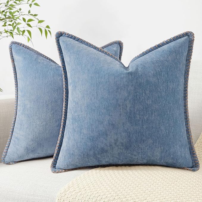 decorUhome Chenille Soft Throw Pillow Covers 24x24 Set of 2, Farmhouse Velvet Neutral Decorative Euro Pillow Covers with Stitched Edge for Couch Sofa Bed Home Decor, Blue