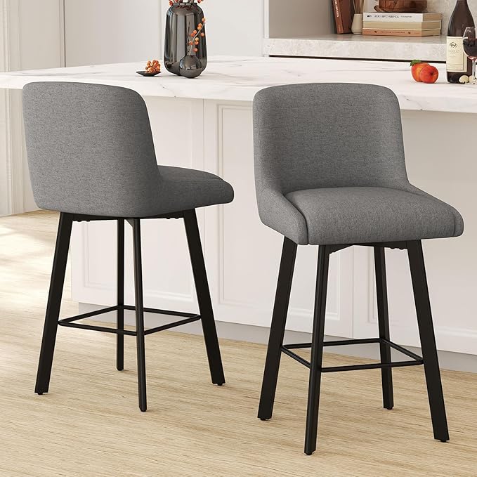 Swivel Bar Stools Set of 2, 26''H Upholstered Barstools with Backs, Modern Counter Height Bar Stool Chairs for Kitchen Island, Metal Legs, Fabric, Gray Counter Stools