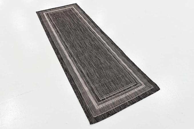 Unique Loom Outdoor Border Collection Area Rug - Soft Border (2' x 6' 1" Runner, Black/ Ivory)