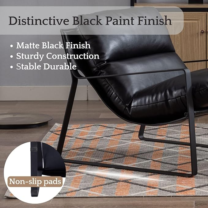 LukeAlon Modern PU Leather Accent Armchair, Upholstered Living Room Chair with Metal Base Removable Thickened Cushion Single Sofa Chair Comfy Lounge Chair for Bedroom Living Room Office, Black