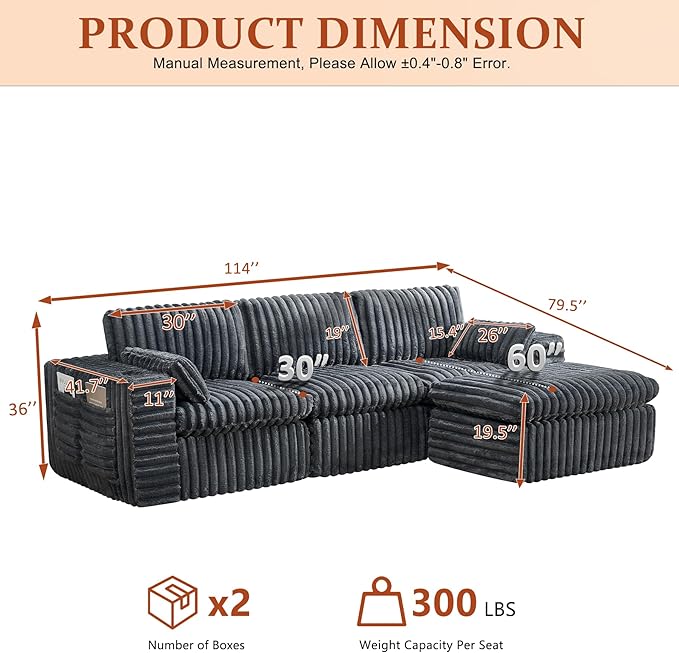 114" Cloud Boneless Sectional Couches for Living Room, Modular Sectional Sofa with Cup Holder, Cozy Fluffy L Shaped Deep Seat Couch with Storage Pocket, No Assembly Required, Dark Grey