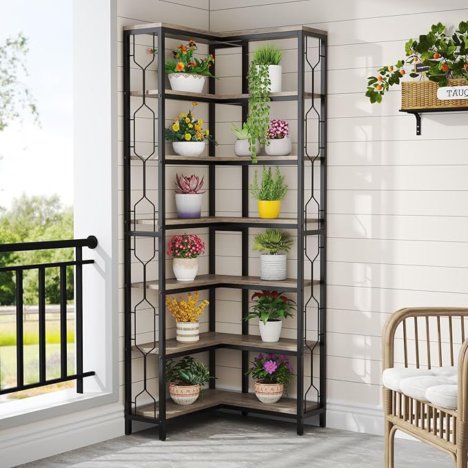 Tribesigns Corner Shelf, 7-Tier Industrial Corner Bookshelf, Wood and Metal Corner Etagere Bookcase, Freestanding Display Shelf for Living Room, Kitchen, Home Office, Gray