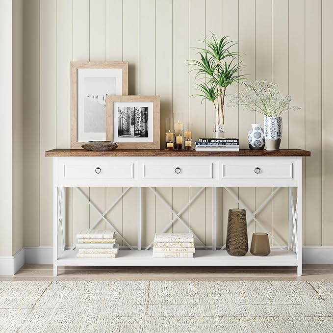 Tribesigns 70.8" Console Table with 3 Drawers, Farmhouse Entryway Table with Storage Shelf, Narrow Long Sofa Foyer Table for Entryway, Hallway (White/Brown)