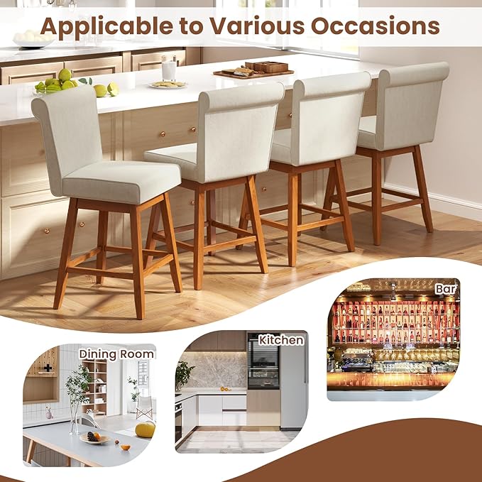 COSTWAY Swivel Bar Stools Set of 2, 27" Counter Height Bar Chairs with Rubber Wood Legs, Upholstered Linen Barstools with Back & Cushioned Seat, for Kitchen Island, Home, Beige (2,Beige)