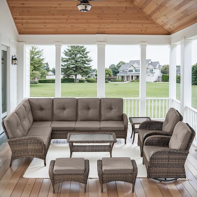 HUMMUH Outdoor Patio Furniture Set,L-Shaped Sectional Couches with Swivel Patio Chairs,Wicker Conversation Set for Deck,Backyard,Porch,Garden