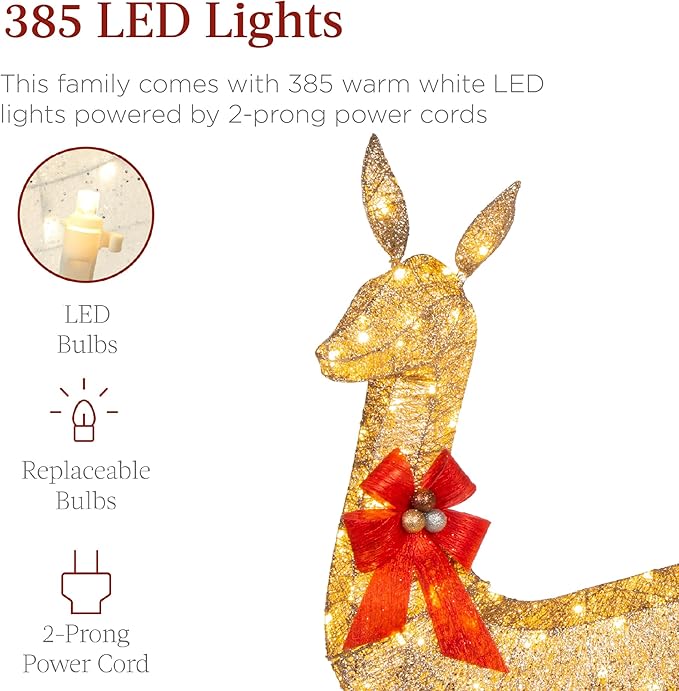 Best Choice Products 6.5ft 3-Piece Large Lighted Christmas Deer Family Set, Outdoor Yard Decoration with 385 LED Lights, Stakes, Zip Ties - Gold