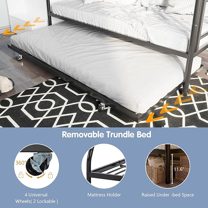SUNLEI Bunk Bed Twin Over Twins with Trundle, Metal Loft Bed with 2 Secured Ladders, Trundle Beds Twin Safety Guard, Space-Saving, Noise Free for Small Bedroom, Black (Twin Over Twins)