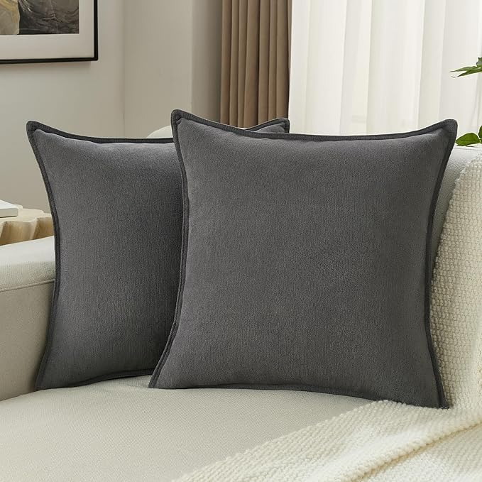 FUTEI Dark Grey Chenille Throw Pillow Covers 24x24 Inch Set of 2,Edges Double-Stitched European Cushion Cases,Modern Home Decor for Couch Living Room