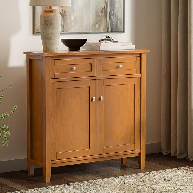 SIMPLIHOME Warm Shaker Solid Wood 36 inch Wide Transitional Entryway Storage Cabinet in Light Golden Brown for The Living Room, Entryway and Family Room